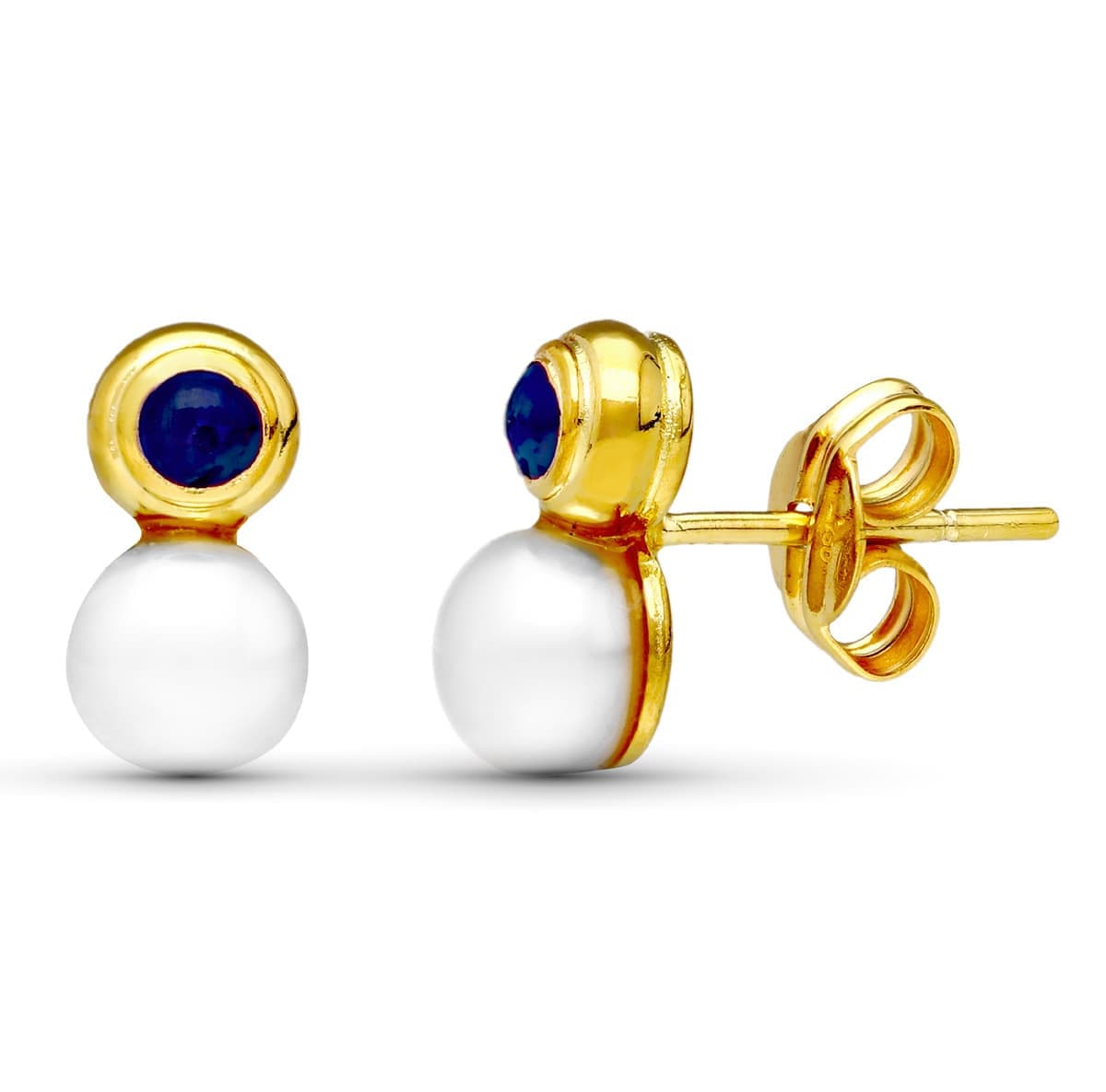 18K PENDIENTES ORO AMARILLO PERLA Y PIEDRA AZUL 10X5 MM