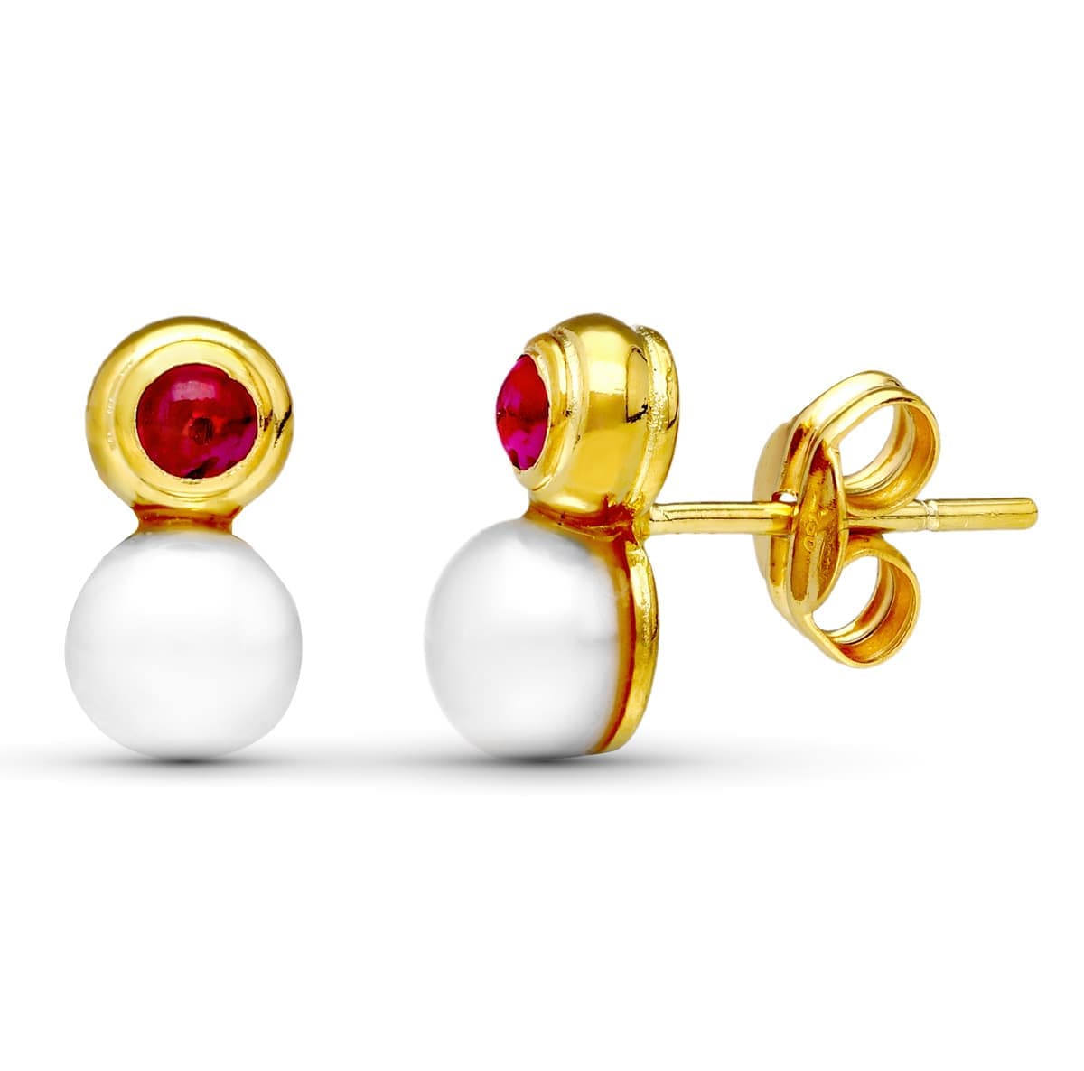 18K PENDIENTES ORO AMARILLO PERLA Y PIEDRA ROJA 10X5 MM