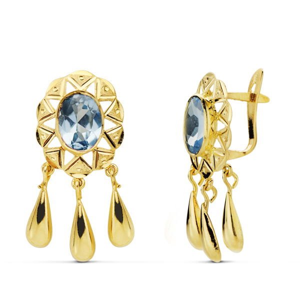 18K PENDIENTES CUBANAS AGUAMARINA 25X12 MM