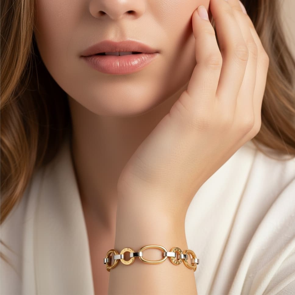 18K PULSERA ORO BICOLOR ESLABONES OVALES Y REDONDOS ANCHO 11 MM LARGO 19 CM - Imagen 3