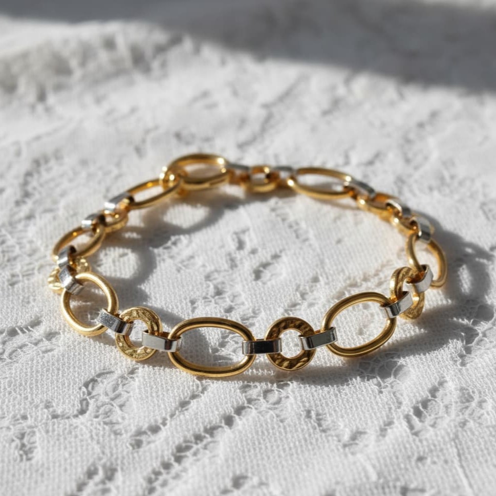 18K PULSERA ORO BICOLOR ESLABONES OVALES Y REDONDOS ANCHO 11 MM LARGO 19 CM - Imagen 4