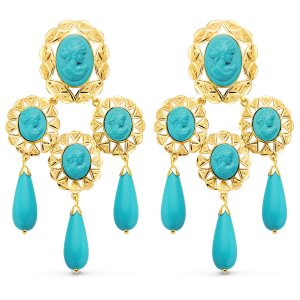 18K PENDIENTES ORO AMARILLO MANTILLA CAMAFEO Y TURQUESAS. 70 X 38 MM. CATALAN