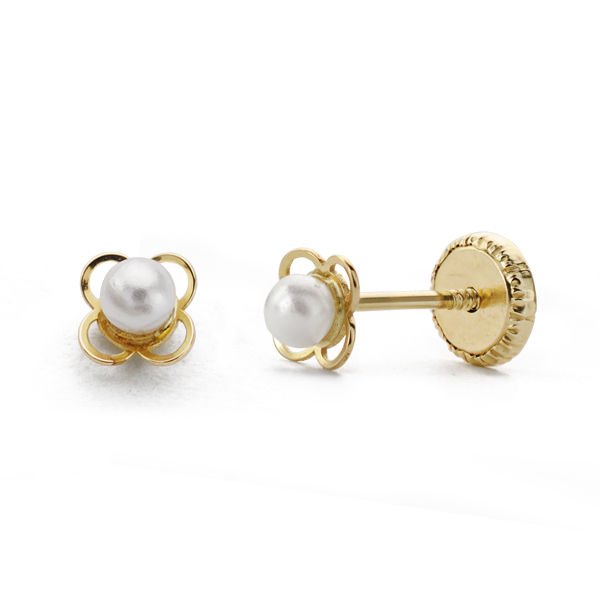 18K PENDIENTES PERLAS, FLOR CALADA. 4 MM.