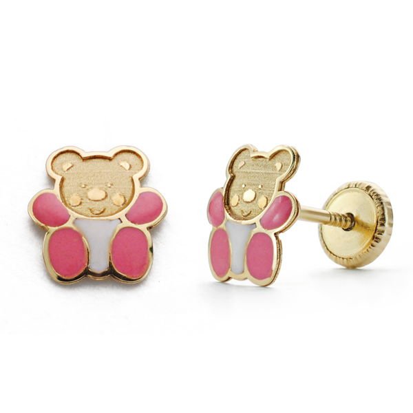 18K PENDIENTES OSITO ESMALTE. 7 X 6 MM.