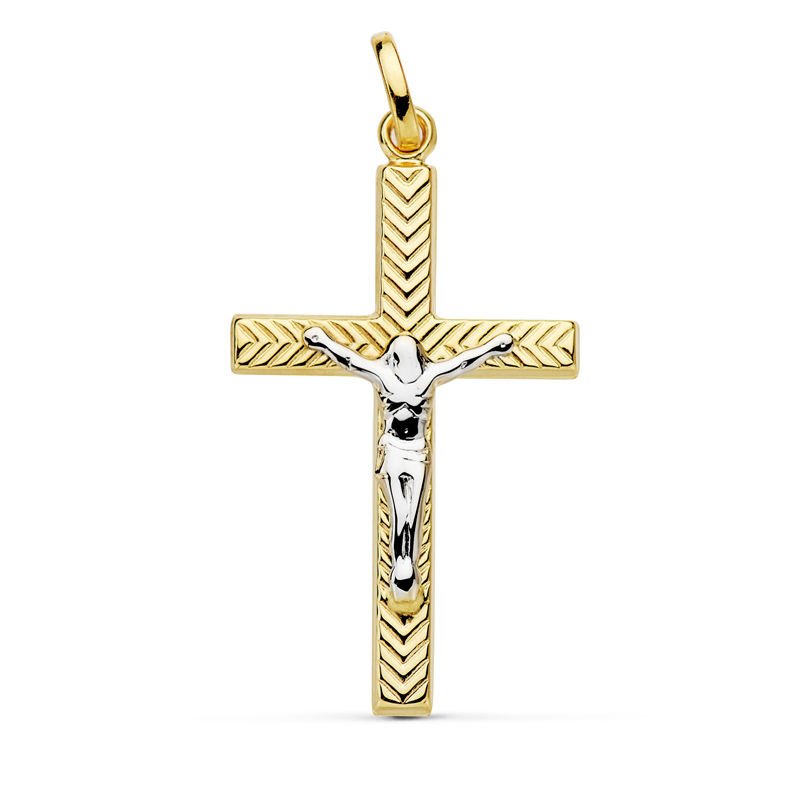 18K CRUZ CRISTO HUECA BICOLOR 28 X 17 MM