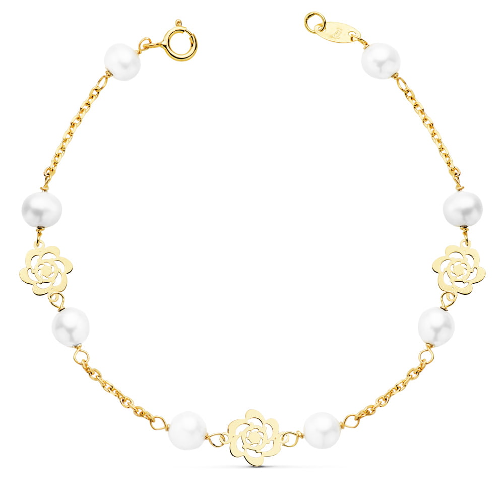 18K PULSERA ORO AMARILLO COMUNION FLORES CALADAS Y PERLAS 3 MM. 17 CM.
