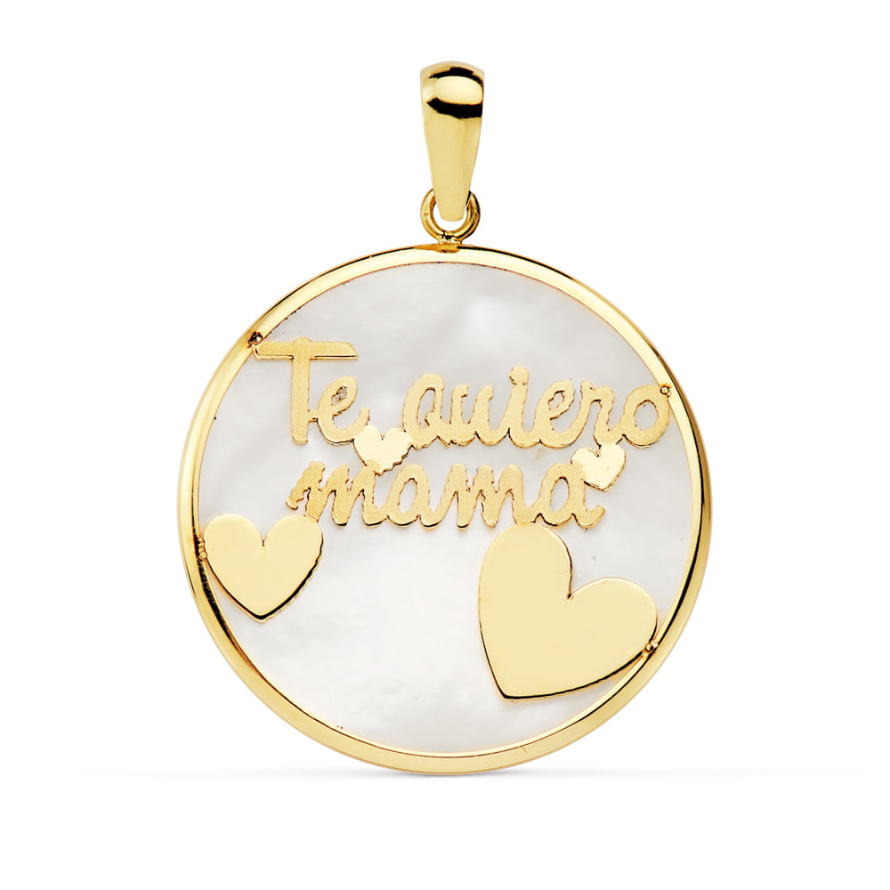 18K COLGANTE ORO AMARILLO REDONDO TE QUIERO MAMÁ NACAR CORAZONES 20 MM.