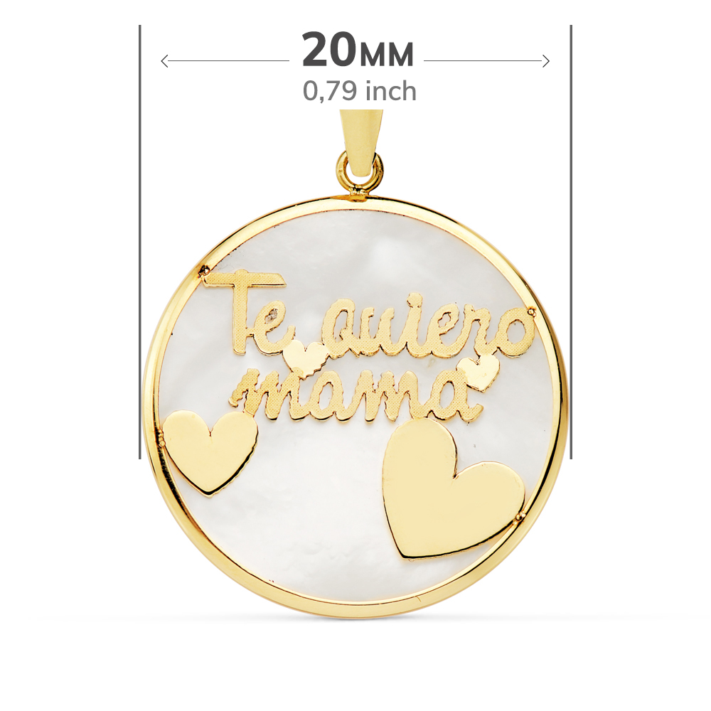 18K COLGANTE ORO AMARILLO REDONDO TE QUIERO MAMÁ NACAR CORAZONES 20 MM. - Imagen 2