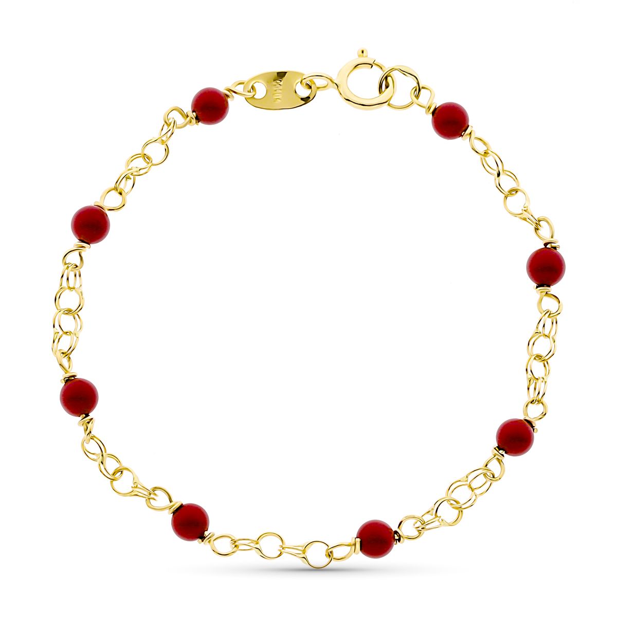 18K PULSERA ORO AMARILLO NIÑA CORAL 3 MM Y CADENA HUNGARA. LONGITUD: 12 CM