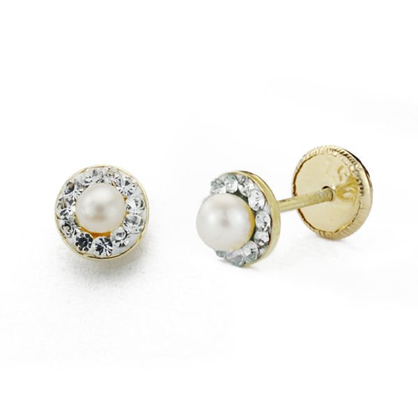 18K PENDIENTES CIRCONITA Y PERLA. 5 MM