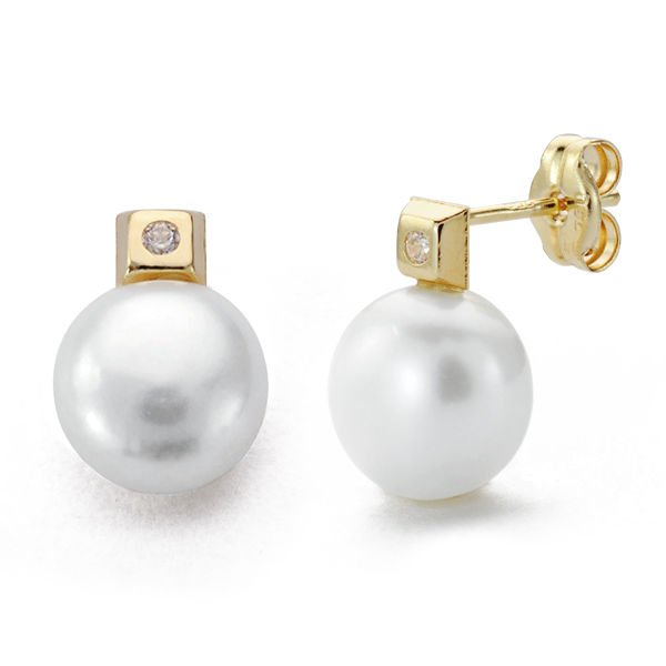 18K PENDIENTES PERLA, CIRCONITA. 12 X 8MM.