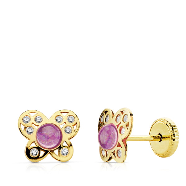 18K PENDIENTES ORO AMARILLO MARIPOSA AMATISTA Y CIRCONNITAS.TUERCA