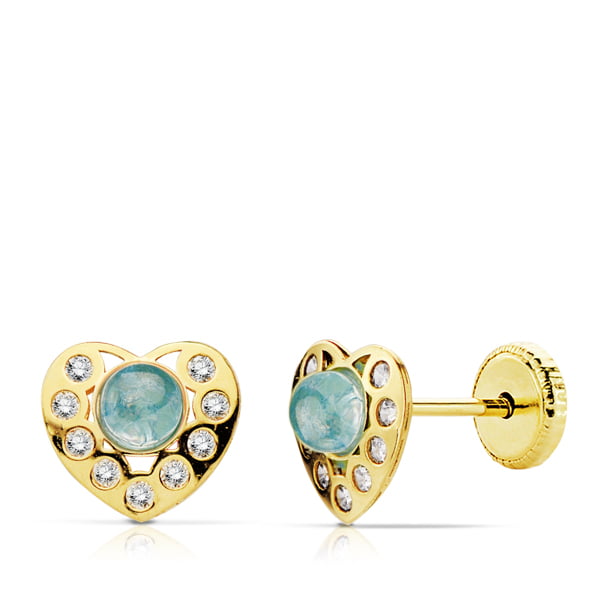 18K PENDIENTES ORO AMARILLO CORAZON PIEDRA AZUL Y CIRCONITAS. TUERCA