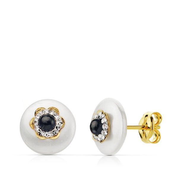 18K PENDIENTES ORO AMARILLO NACAR 9 MM.PIEDRA AZUL 3MM.