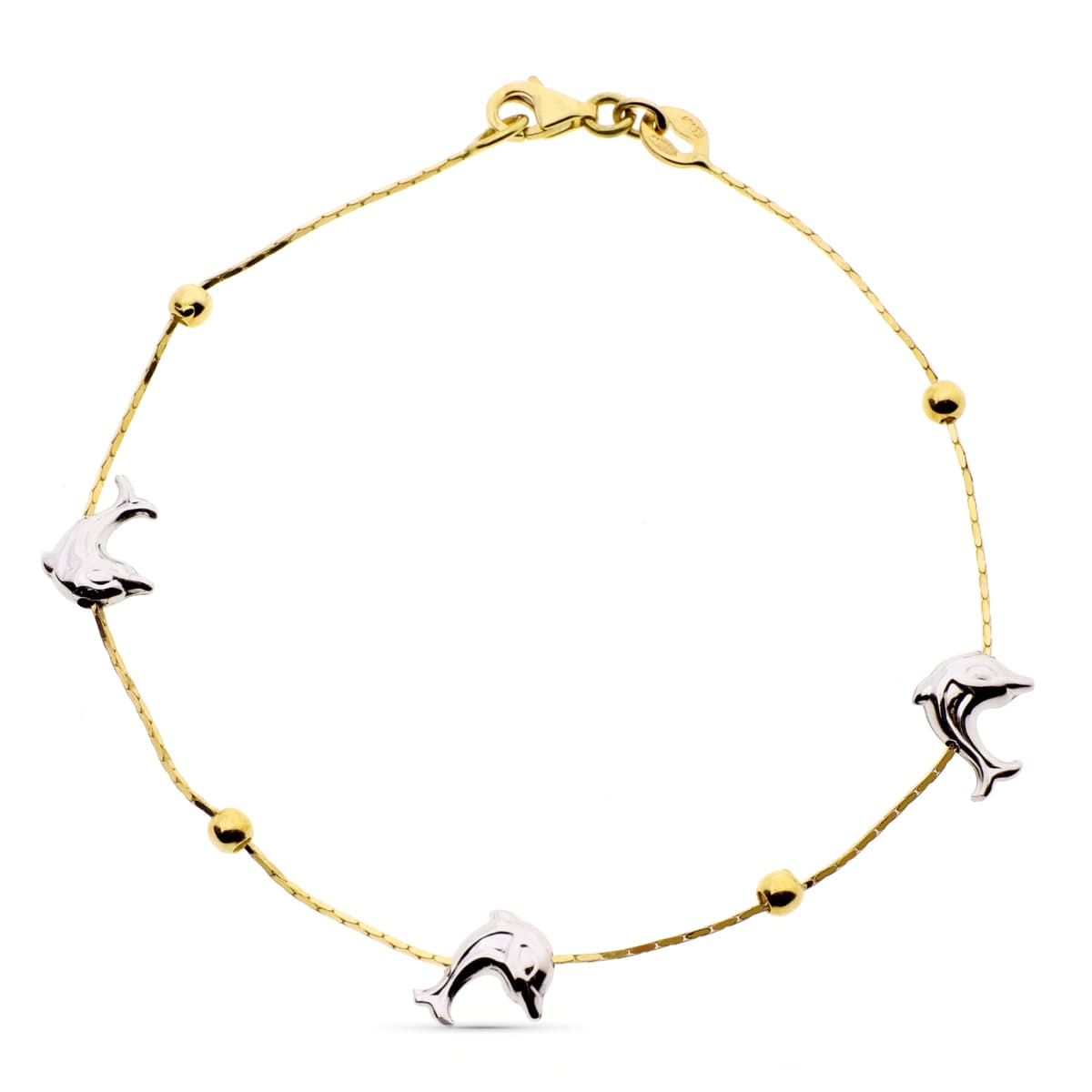 18K PULSERA ORO BICOLOR DELFINES Y BOLAS LISAS 19 CM