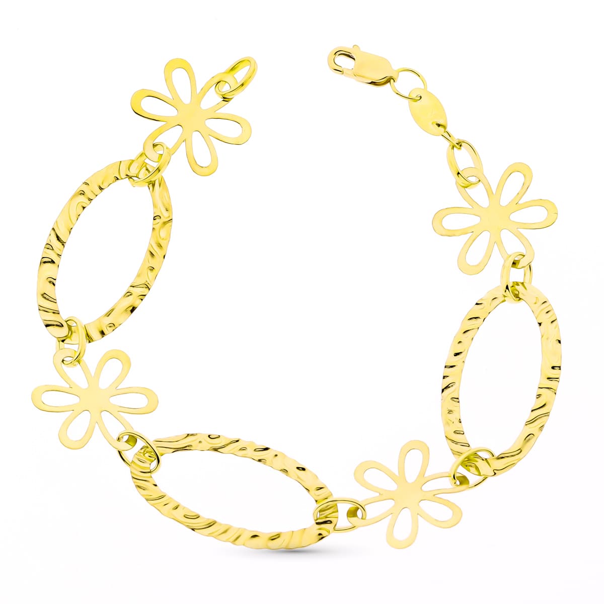 18K PULSERA ORO AMARILLO ESLABONES Y FLORES 19 CM