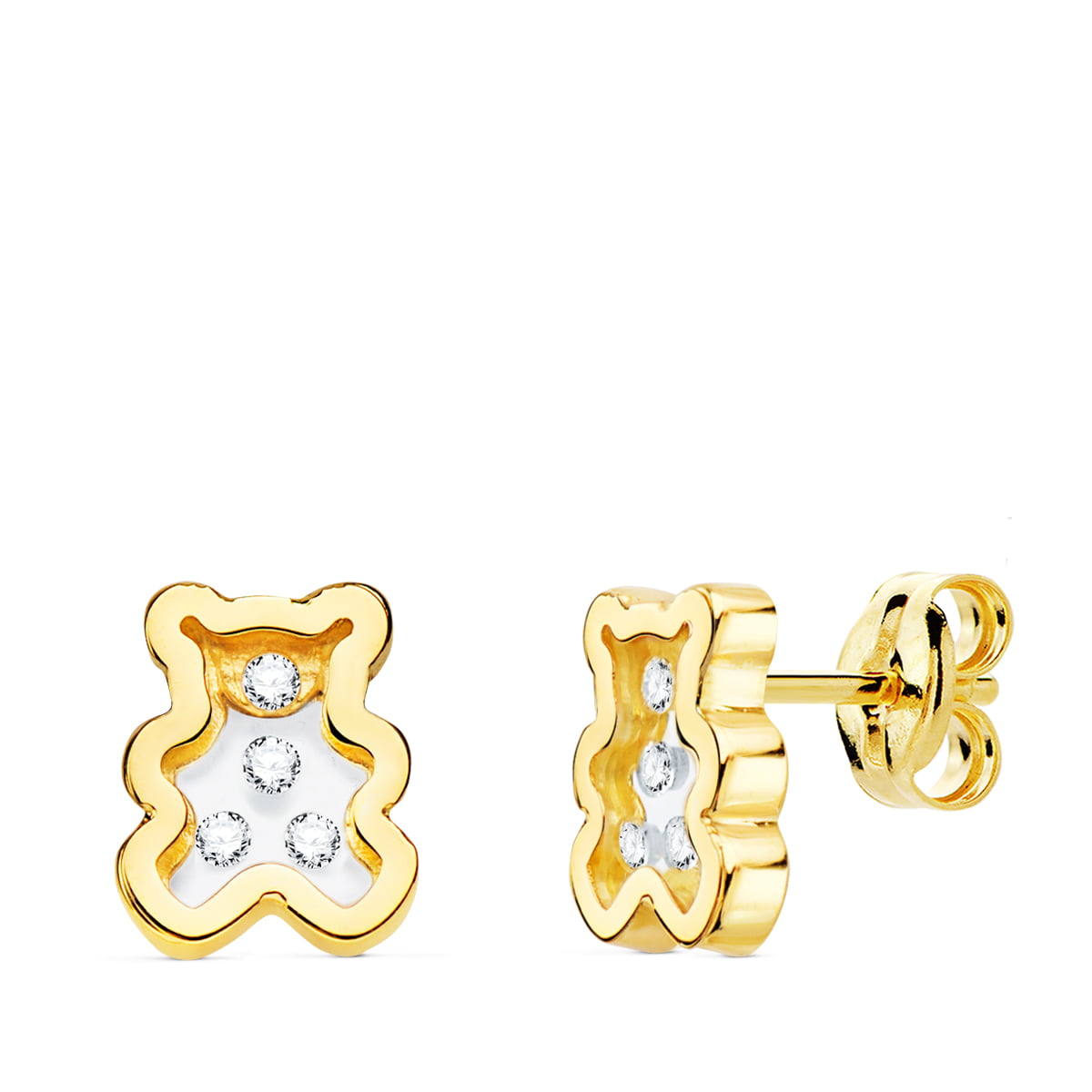 PENDIENTES ORO AMARILLO OSO AIRSHINE TRANSPARENTE Y CIRCONITAS. 8 X 6,5 MM.