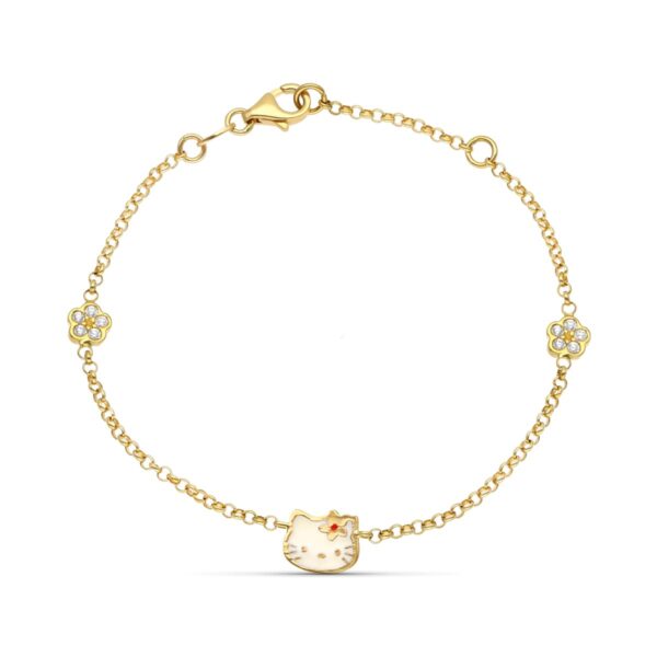 18K PULSERA ORO AMARILLO ESMALTE GATO Y FLOR CIRCONITAS 18 CM