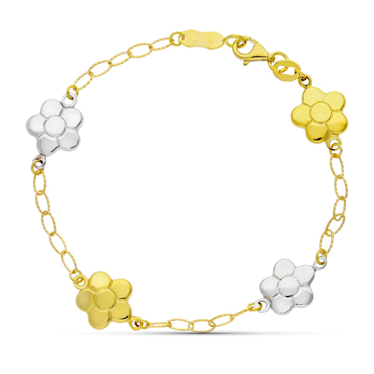 18K PULSERA ORO BICOLOR FLORES 17 CM