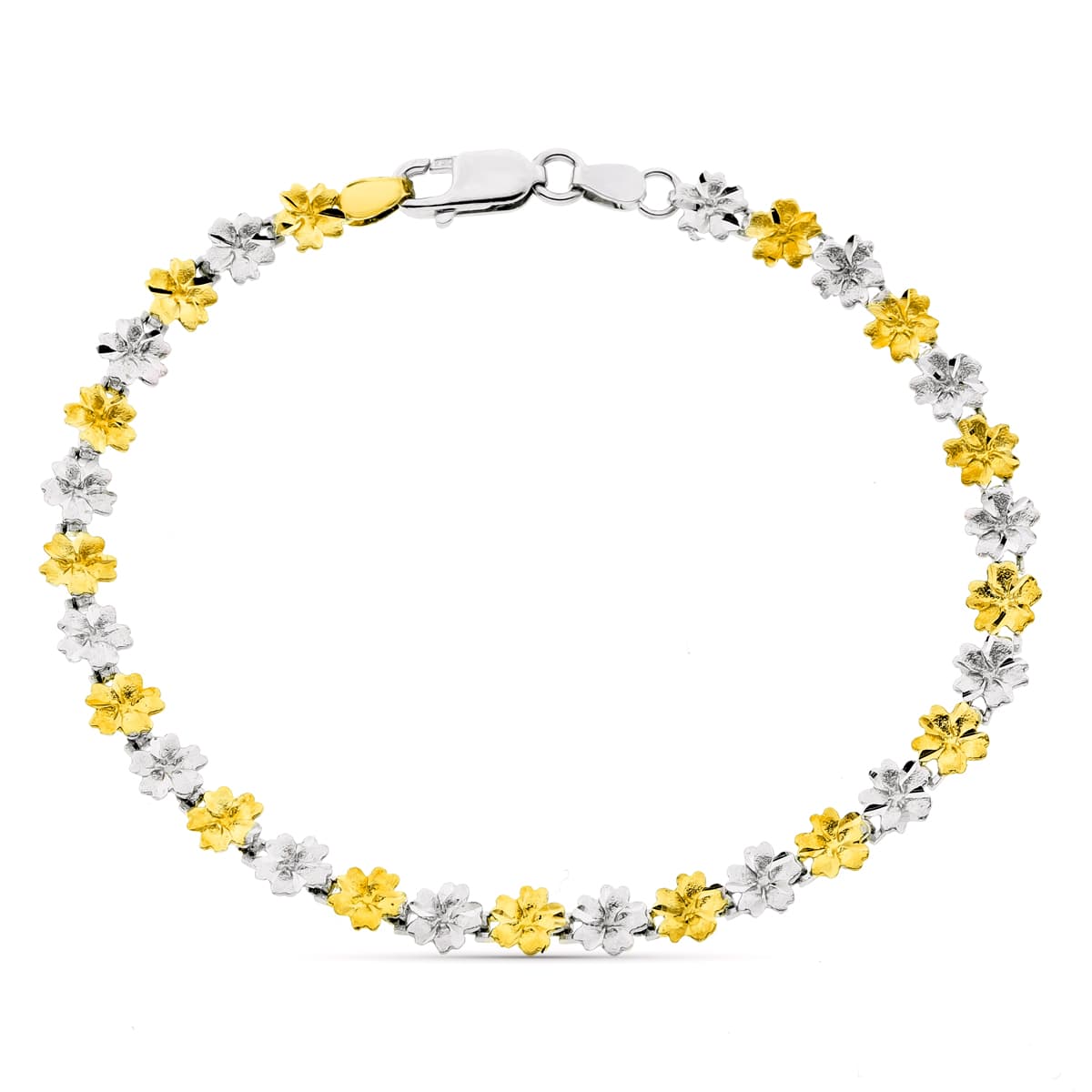 18K PULSERA BICOLOR FLORES ANCHO 6 MM LARGO 19 CM