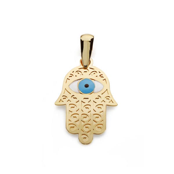 18K COLGANTE MANO FATIMA Y OJO TURCO 19X13 MM