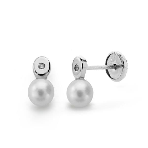 18K PENDIENTES PERLA Y DIAMANTES TALLA BRILLANTE 0.02 QTS.