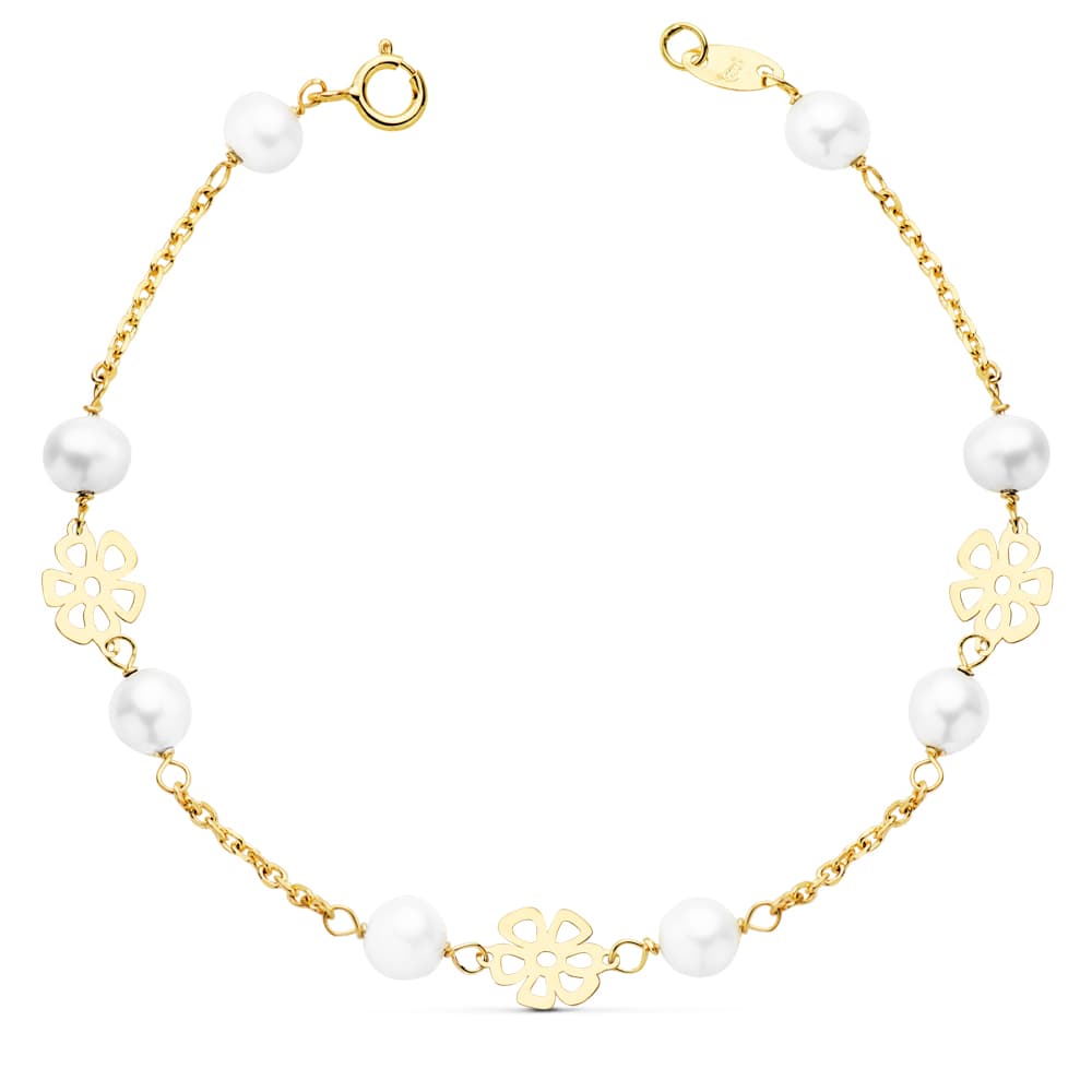 18K PULSERA COMUNION FLORES CALADAS 17 CM