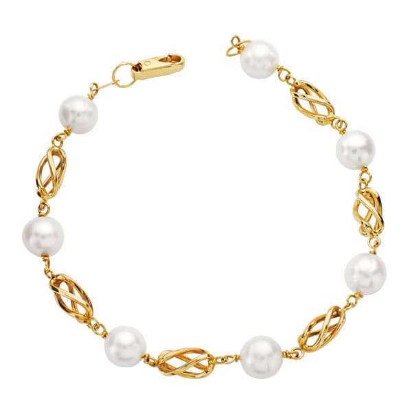 18K PULSERA PERLA Y JAULA 19.5 CM