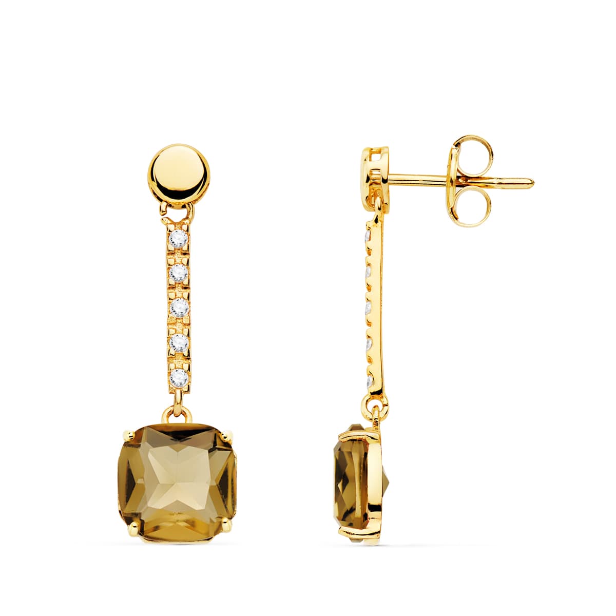 18K PENDIENTES ORO AMARILLO PIEDRA CUADRADA COLOR FUME. 28X8 MM