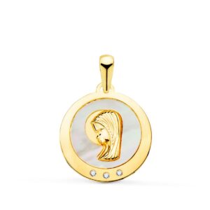 18K MEDALLA VIRGEN NIÑA CON NACAR Y CIRCONITAS 14 MM