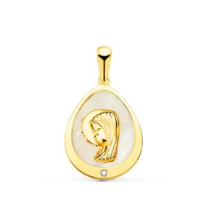 18K MEDALLA VIRGEN NIÑA LAGRIMA CON NACAR Y CIRCONITA 15X12 MM