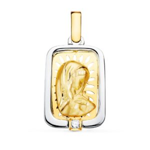 18K MEDALLA VIRGEN NIÑA ORO Y PLATA CIRCONITA 21X15 MM