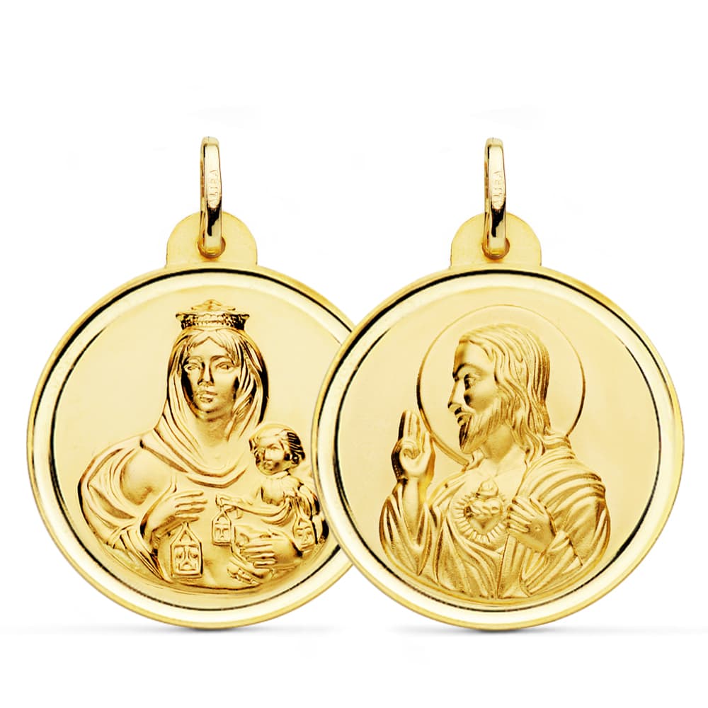 18K ESCAPULARIO BISEL VIRGEN CARMEN Y CORAZON DE JESUS 28 MM