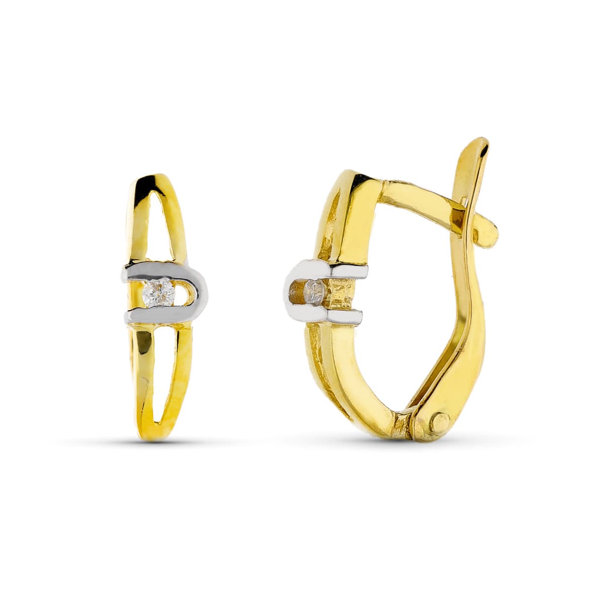 18K PENDIENTES ORO BICOLOR DIAMANTES TALLA BRILLANTE 10X3 MM