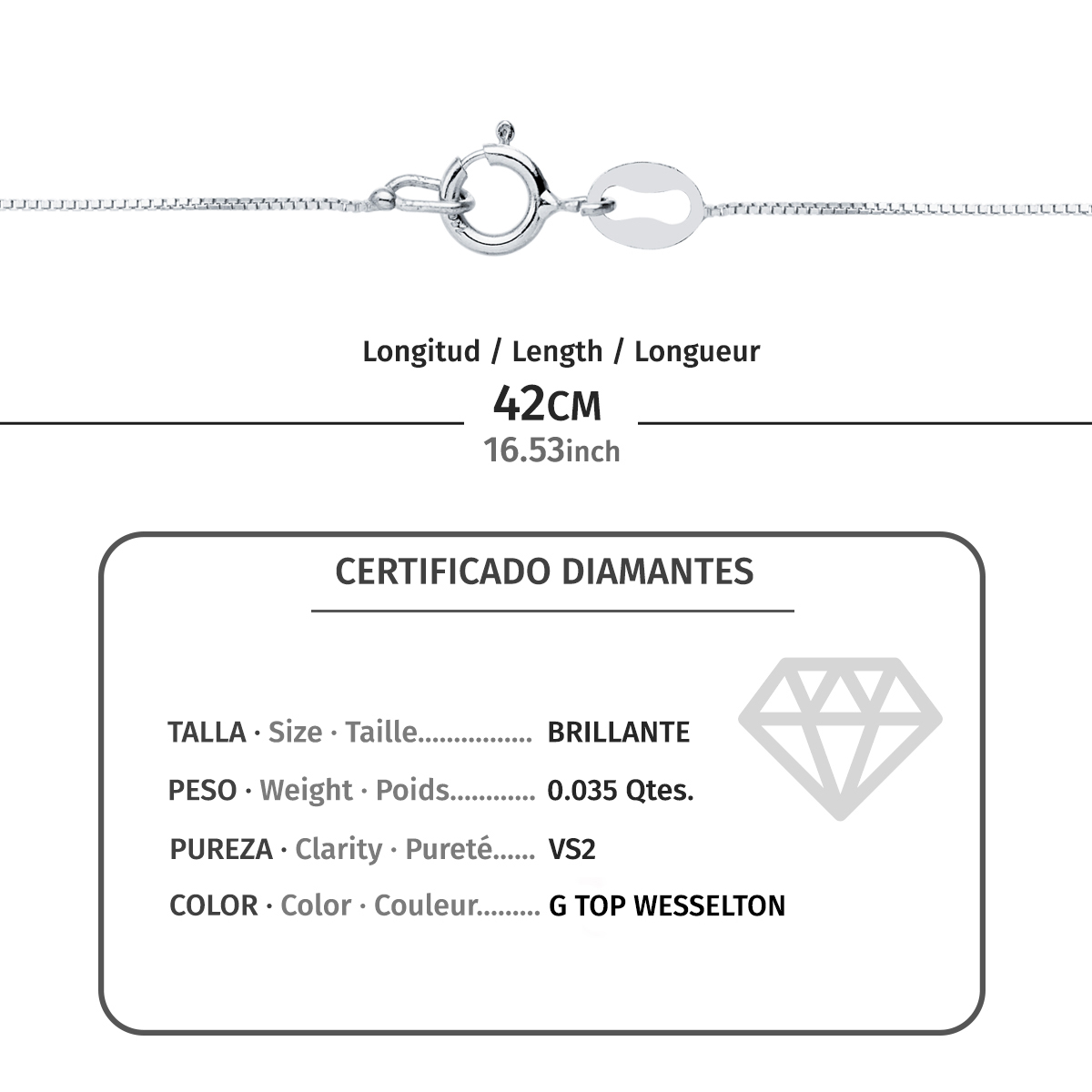 18K GARGANTILLA ORO BLANCO CHATÓN DIAMANTE 0,035 QTES H-I CADENA 42 CM - Imagen 2